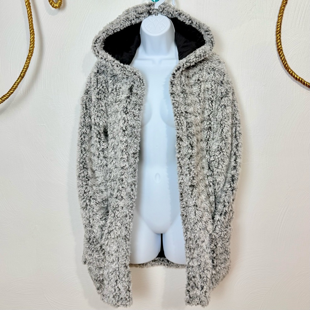 Nwt Pink Rose Cozie Black/Ivory Frosty Faux Fur Open Hooded Cardigan Size Medium